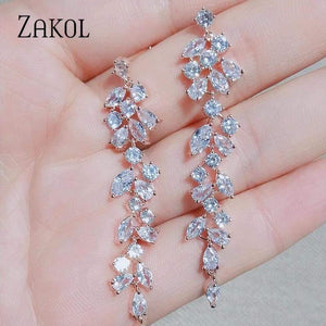 Planet Gates Crystal Leaf Long Drop Earrings for Elegant Women Bridal Wedding Jewelry Accessories Gift FSEP2232