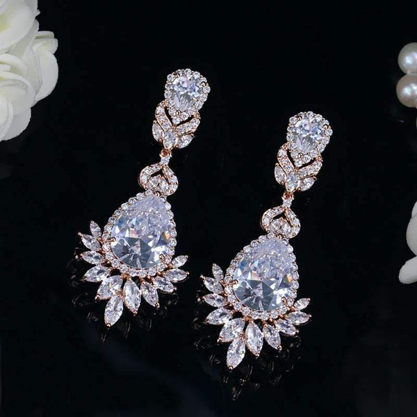 Planet Gates Cubic Zirconia Rose Gold Color Big Long Dangle Drop Bridal Wedding Earrings Jewelry for Women CZ151
