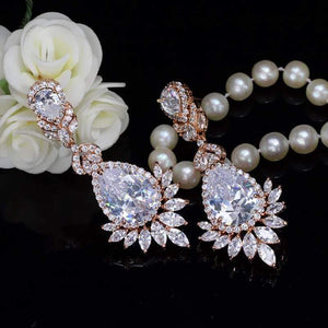 Planet Gates Cubic Zirconia Rose Gold Color Big Long Dangle Drop Bridal Wedding Earrings Jewelry for Women CZ151