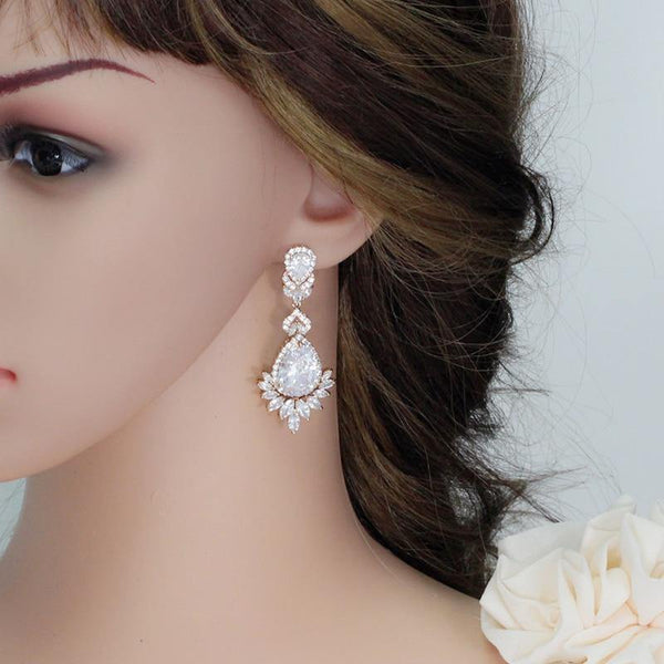 Planet Gates Cubic Zirconia Rose Gold Color Big Long Dangle Drop Bridal Wedding Earrings Jewelry for Women CZ151
