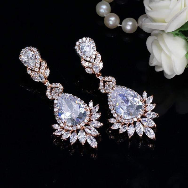 Planet Gates Cubic Zirconia Rose Gold Color Big Long Dangle Drop Bridal Wedding Earrings Jewelry for Women CZ151