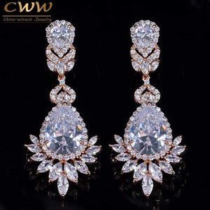 Planet Gates Cubic Zirconia Rose Gold Color Big Long Dangle Drop Bridal Wedding Earrings Jewelry for Women CZ151