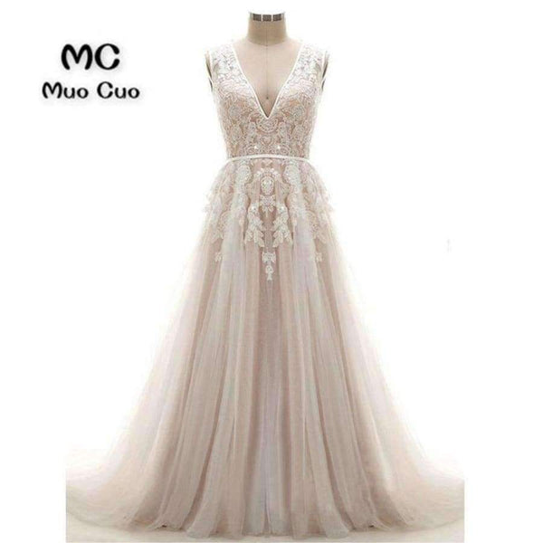 Planet Gates custom size / 6 / 50cm A-Line Wedding Dresses with Lace Appliques Robe de mariage Backless Tulle vestido de noiva Count Train Bridal Gowns