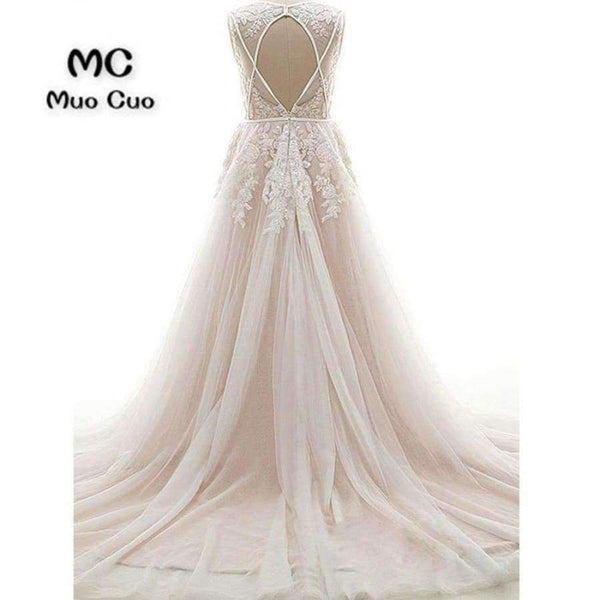 Planet Gates custom size / 6 / 50cm A-Line Wedding Dresses with Lace Appliques Robe de mariage Backless Tulle vestido de noiva Count Train Bridal Gowns