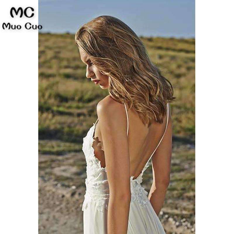 Planet Gates custom size / 6 / 50cm Beach Wedding Dress with Lace Robe de mariage White Spaghetti Straps Chiffon Vestido de noiva Backless Bridal Gown