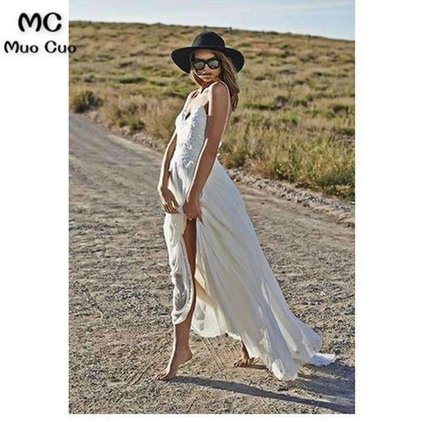 Planet Gates custom size / 6 / 50cm Beach Wedding Dress with Lace Robe de mariage White Spaghetti Straps Chiffon Vestido de noiva Backless Bridal Gown