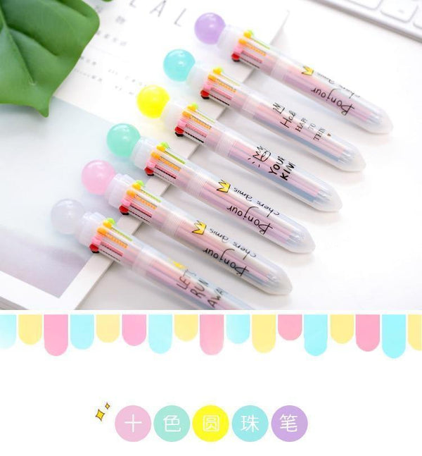 Planet Gates Cute Candy Color Multi 10 Color In One Set Ballpoint Pen Writing School Office Supplies Stationery