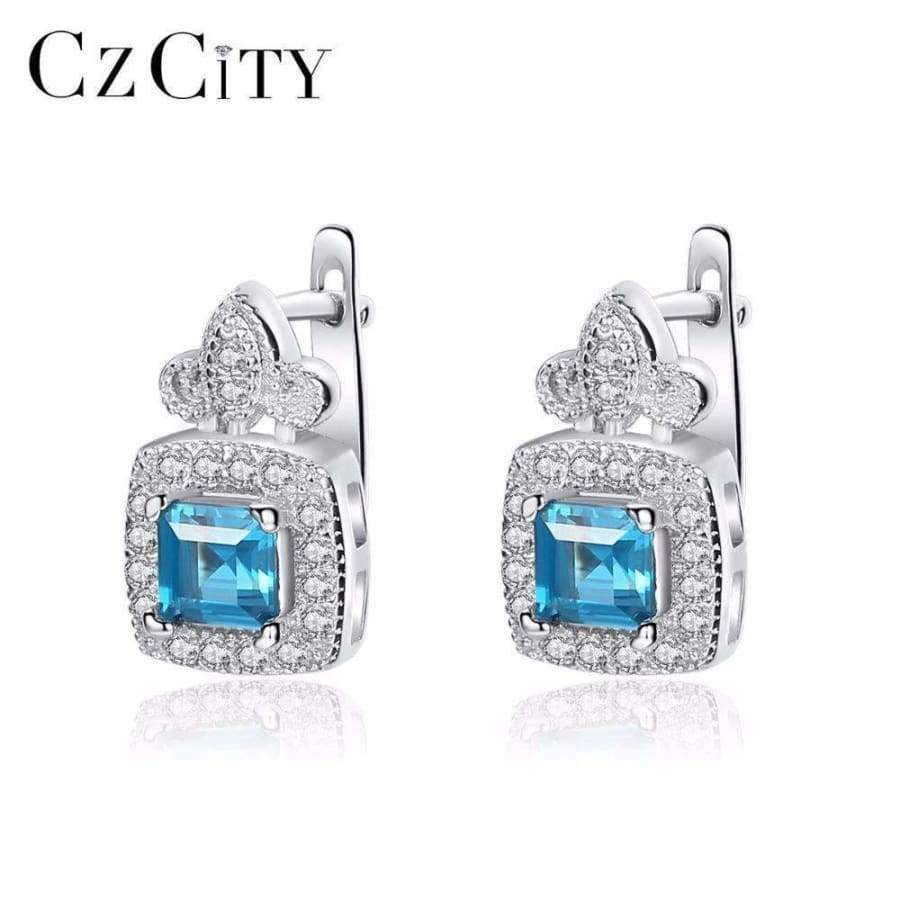 Planet Gates CZCITY Blue Topza Earrings for Women 925 Sterling Silver Tiny CZ Paved Clip Earrings Fine Jewelry Gift Boucle D Oreille SE0105