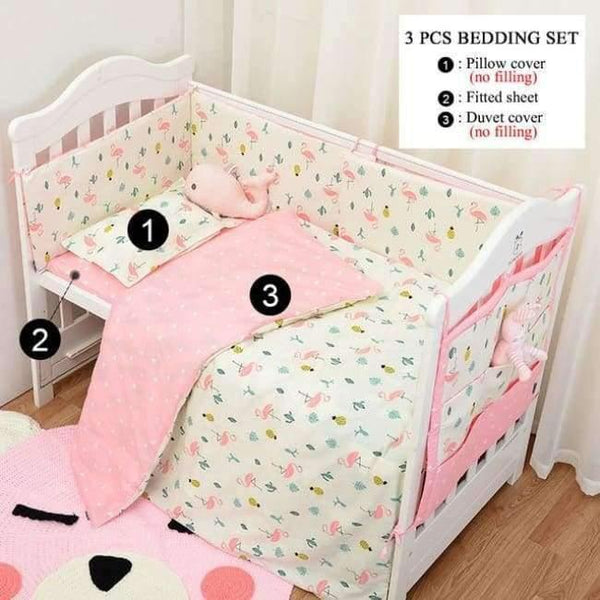 Planet Gates D Flamingo 3pcs/set Cotton Bedding Set, Fashion Cactus/Flamingo/Fox Pattered Cotton Crib Sets(Duvet Cover+ Pillowcase+Flatsheet)