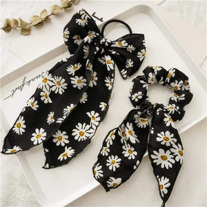 Daisy Print Bow Streamers Scrunchies Silk Elastic Hair Band For Women Girls Hair Ties Korean Sweet Hair Accessories