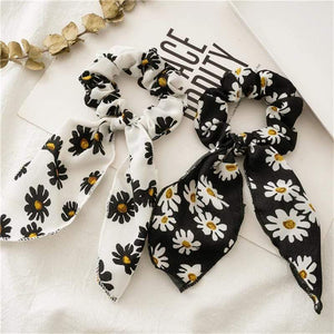 Daisy Print Bow Streamers Scrunchies Silk Elastic Hair Band For Women Girls Hair Ties Korean Sweet Hair Accessories