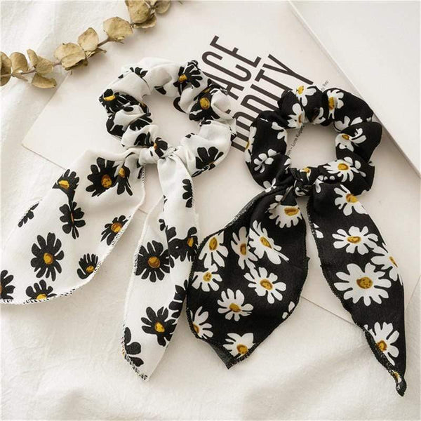 Daisy Print Bow Streamers Scrunchies Silk Elastic Hair Band For Women Girls Hair Ties Korean Sweet Hair Accessories