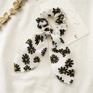 Daisy Print Bow Streamers Scrunchies Silk Elastic Hair Band For Women Girls Hair Ties Korean Sweet Hair Accessories