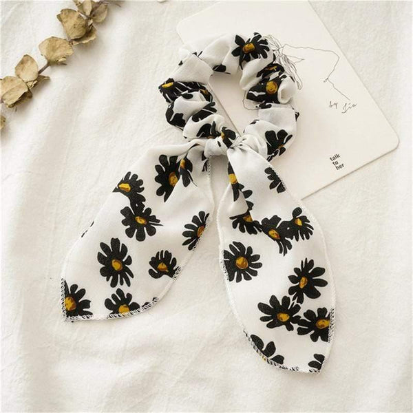 Daisy Print Bow Streamers Scrunchies Silk Elastic Hair Band For Women Girls Hair Ties Korean Sweet Hair Accessories