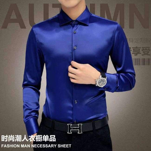 Planet Gates Dark Blue / 4XL Plus Size 5XL 2017 New Men's Luxury Shirts Wedding Party Dress Long Sleeve Shirt Silk Tuxedo Shirt Men Mercerized Cotton Shirt