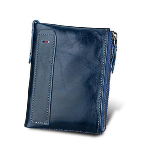 Planet Gates Dark Blue Crazy Horse Genuine Leather Men Wallets Credit Business Card Holders Double Zipper Cowhide Leather Wallet Purse Carteira