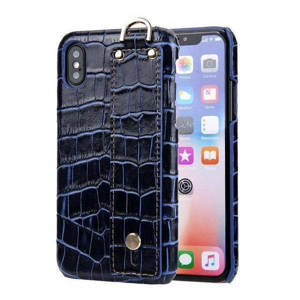 Planet Gates dark blue / For iPhone XS Max iPhone XS Leather Case Luxury Crocodile Pattern Hand Strap Genuine Leather Back Phone Case Cover for iPhone XS Max XS XR 7 8