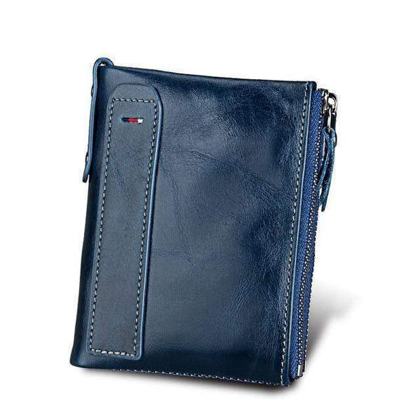Planet Gates Dark Blue Genuine Leather Men Wallet Small Zipper Pocket Men Wallets Portomonee Male Short Coin Purse Brand Carteira For Rfid