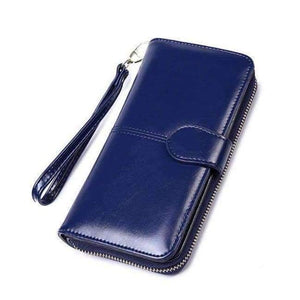 Planet Gates Dark blue L 2018 New Women Oil Wax Leather Wallet Female Purses Big Capacity Hasp Zipper Purse Ladies Long Wristlet Clutch Coin Card Holders