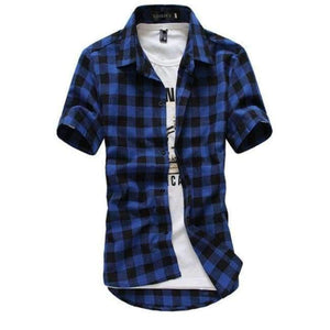 Planet Gates Dark Blue / M Red And Black Plaid Shirt Men Shirts 2017 New Summer Spring Fashion Chemise Homme Mens Dress Shirts Short Sleeve Shirt Men