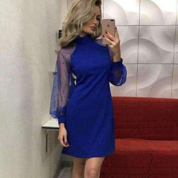 Planet Gates Dark Blue / S Autumn Applique Contrast Mesh Sleeve Form Fitting A Line Party Dress Elegant Women Dress Long Sleeve Solid Mini Dresses