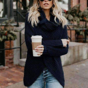 Planet Gates dark blue / S Autumn Women Knitted Sweater Buttons Loose Tops Winter Warm High Collar Irregular Sweaters