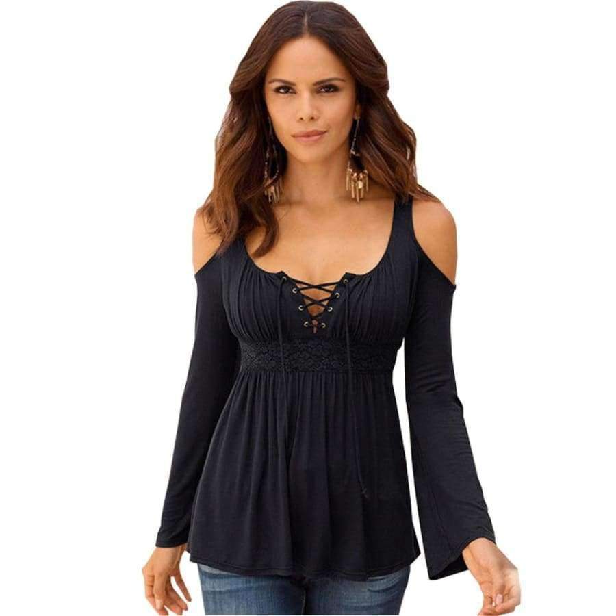 Planet Gates Dark blue / S Plus Size 5XL Spring Women T-shirt Sexy V-Neck Lace Up Dew Shoulder T Shirt Female Casual Slim Long Sleeve Tees Tops