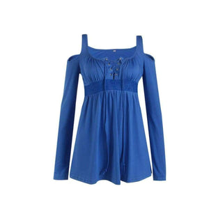 Planet Gates Dark blue / S Plus Size 5XL Spring Women T-shirt Sexy V-Neck Lace Up Dew Shoulder T Shirt Female Casual Slim Long Sleeve Tees Tops