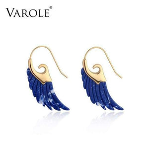 Planet Gates Dark blue VAROLE Colorful Natural Stone Feather design Dangle Earrings Unique Gold Color Long Drop Earrings For Women Earings Brincos