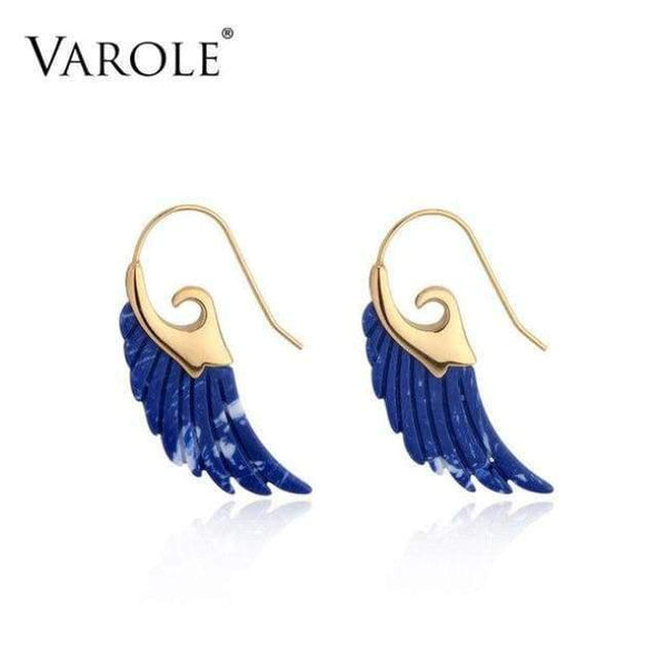 Planet Gates Dark blue VAROLE Colorful Natural Stone Feather design Dangle Earrings Unique Gold Color Long Drop Earrings For Women Earings Brincos