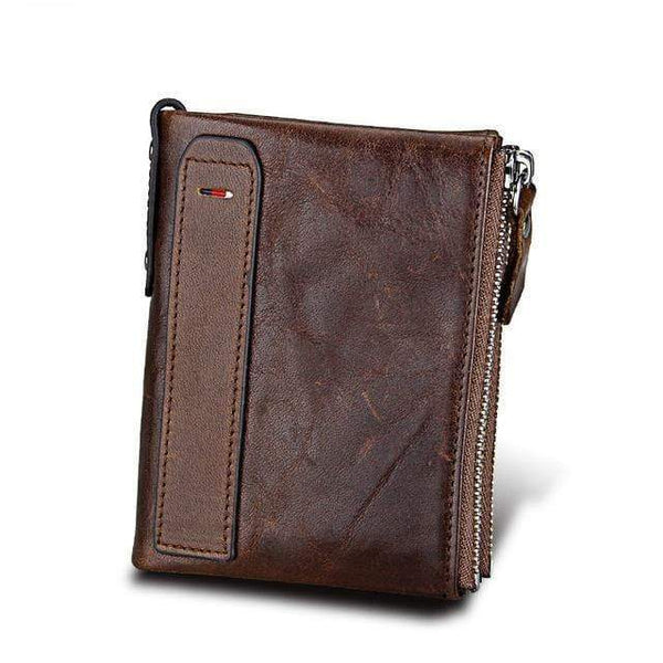 Planet Gates Dark Coffee Genuine Leather Men Wallet Small Zipper Pocket Men Wallets Portomonee Male Short Coin Purse Brand Carteira For Rfid