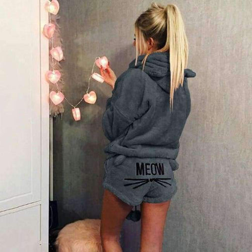 Planet Gates Dark gray-8 / S Women Coral Velvet Suit Two Piece Autumn Winter Pajamas Warm Sleepwear Cute Cat Meow Pattern Hoodies Shorts Set VANGULL 2018 New