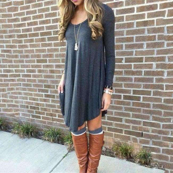 Planet Gates Dark Gray / L 2018 Autumn Casual Loose Knitting Dress Women Solid O-Neck Long Sleeve Asymmetrical Hem Comfortable Dress Plus Size
