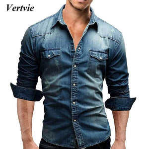 Planet Gates Dark Gray / M VERTVIE Men Shirt Brand 2018 Male Long Sleeve Shirts Casual Solid Color Denim Slim Fit Dress Shirts Mens 3XL Clothes