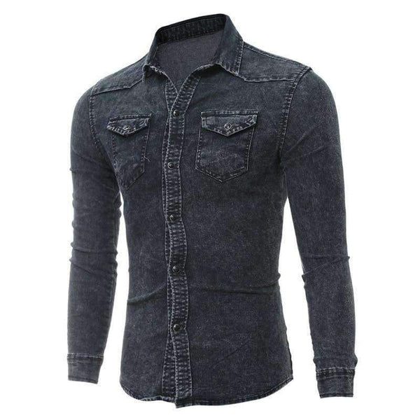 Planet Gates Dark Gray / M VERTVIE Men Shirt Brand 2018 Male Long Sleeve Shirts Casual Solid Color Denim Slim Fit Dress Shirts Mens 3XL Clothes