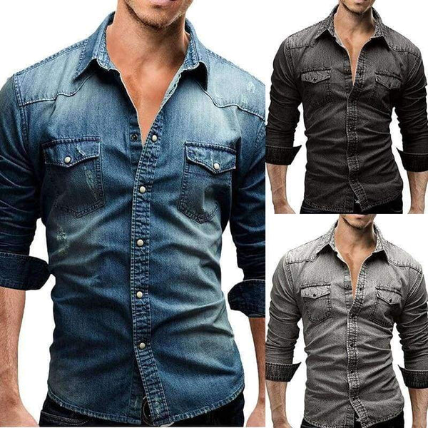 Planet Gates Dark Gray / M VERTVIE Men Shirt Brand 2018 Male Long Sleeve Shirts Casual Solid Color Denim Slim Fit Dress Shirts Mens 3XL Clothes
