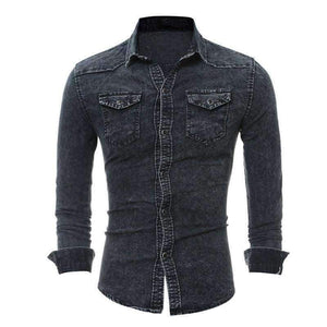 Planet Gates Dark Gray / M VERTVIE Men Shirt Brand 2018 Male Long Sleeve Shirts Casual Solid Color Denim Slim Fit Dress Shirts Mens 3XL Clothes