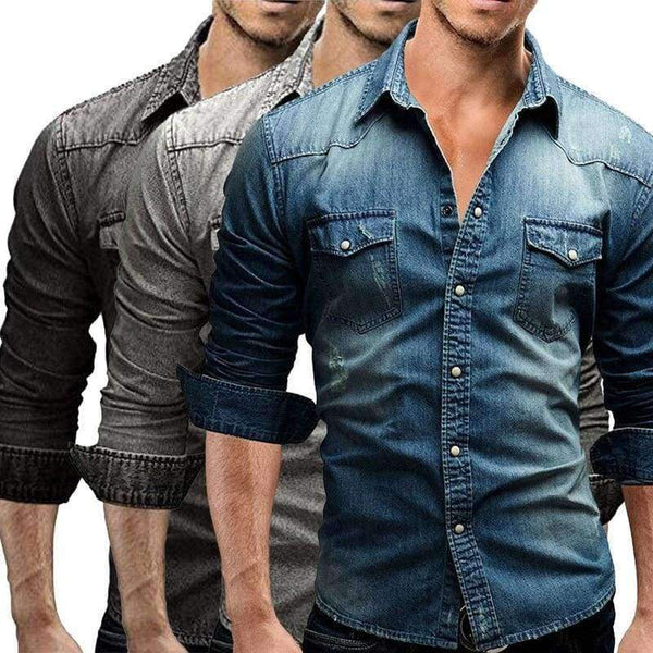 Planet Gates Dark Gray / M VERTVIE Men Shirt Brand 2018 Male Long Sleeve Shirts Casual Solid Color Denim Slim Fit Dress Shirts Mens 3XL Clothes