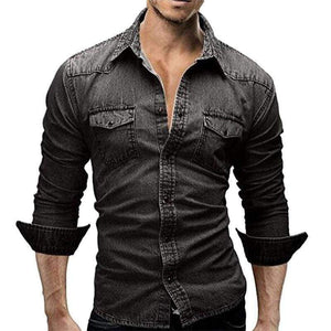 Planet Gates Dark Gray / M VERTVIE Men Shirt Brand 2018 Male Long Sleeve Shirts Casual Solid Color Denim Slim Fit Dress Shirts Mens 3XL Clothes