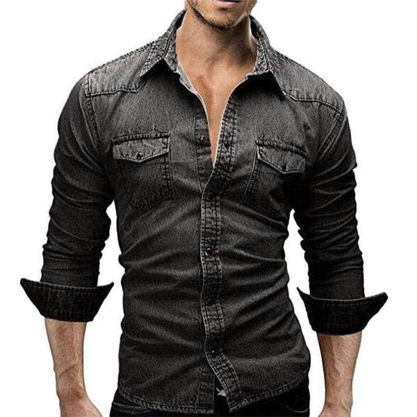 Planet Gates Dark Gray / M VERTVIE Men Shirt Brand 2018 Male Long Sleeve Shirts Casual Solid Color Denim Slim Fit Dress Shirts Mens 3XL Clothes
