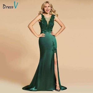 Planet Gates Dark Green / 2 Dark green evening dress scoop neck split-front lace floor-length mermaid wedding party formal dress evening dresses