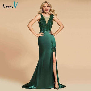 Planet Gates Dark green evening dress scoop neck split-front lace floor-length mermaid wedding party formal dress evening dresses