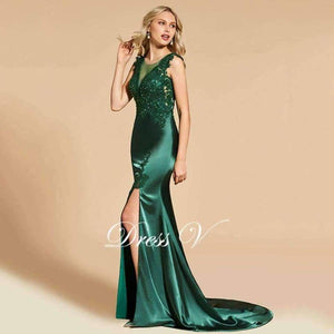Planet Gates Dark green evening dress scoop neck split-front lace floor-length mermaid wedding party formal dress evening dresses