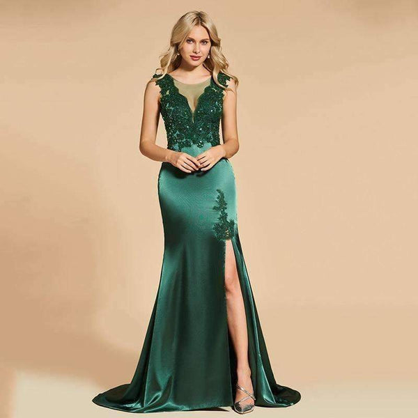 Planet Gates Dark green evening dress scoop neck split-front lace floor-length mermaid wedding party formal dress evening dresses