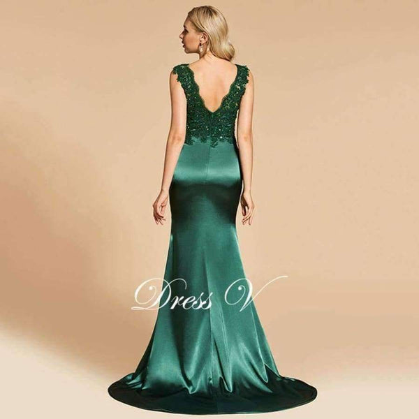Planet Gates Dark green evening dress scoop neck split-front lace floor-length mermaid wedding party formal dress evening dresses