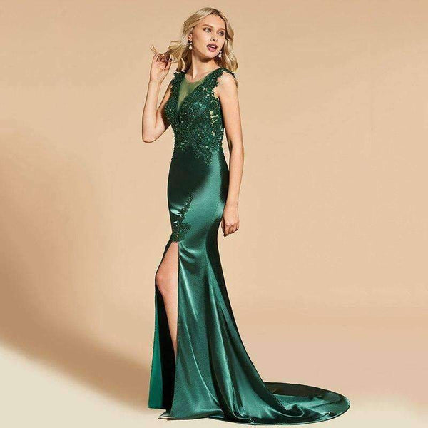 Planet Gates Dark green evening dress scoop neck split-front lace floor-length mermaid wedding party formal dress evening dresses