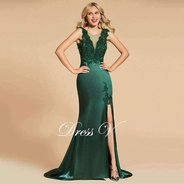 Planet Gates Dark green evening dress scoop neck split-front lace floor-length mermaid wedding party formal dress evening dresses