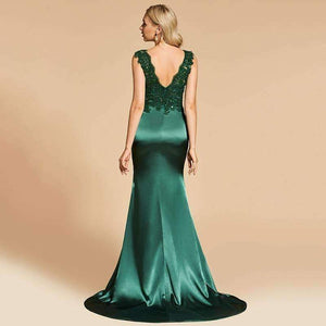 Planet Gates Dark green evening dress scoop neck split-front lace floor-length mermaid wedding party formal dress evening dresses