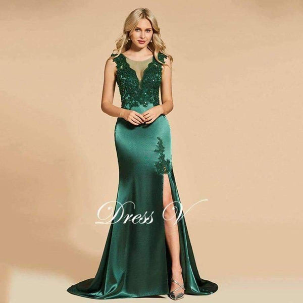 Planet Gates Dark green evening dress scoop neck split-front lace floor-length mermaid wedding party formal dress evening dresses