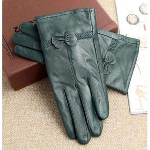 Planet Gates dark green Leather sheepskin gloves quality genuine leather bow women's gloves thickening thin